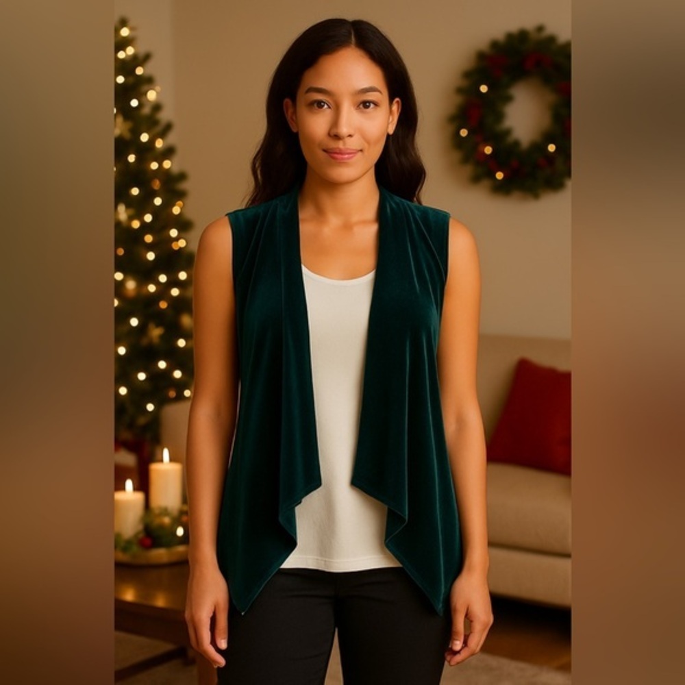 Coldwater Creek Green Waterfall Cascading Hem Velvet Vest Holiday NWT S #694